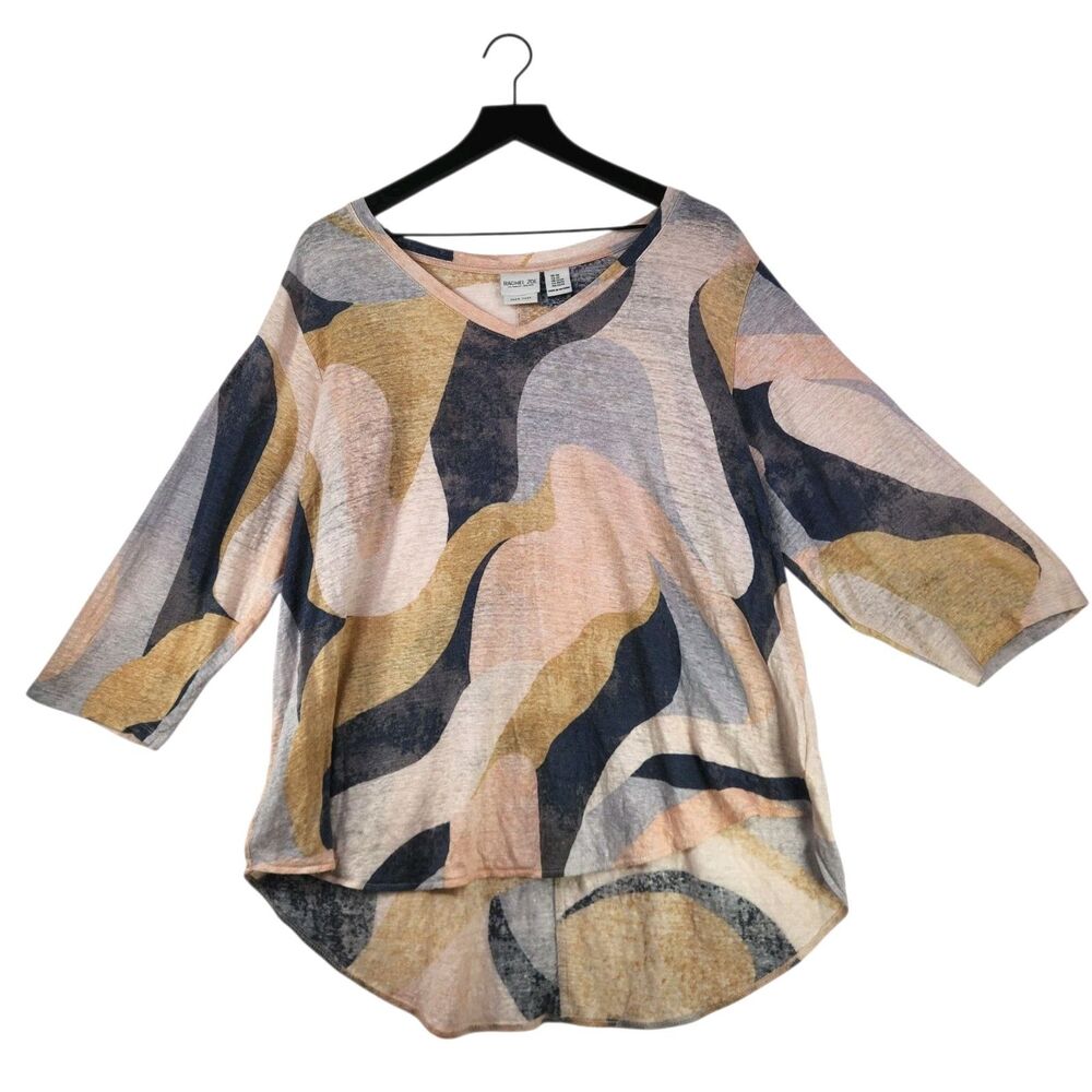 Rachel Zoe 100% Linen Top 2X Abstract Boho Beach Chic Summer Lightweight Resort